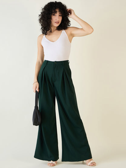 Pleated Front Palazzo Trousers with Button Waist