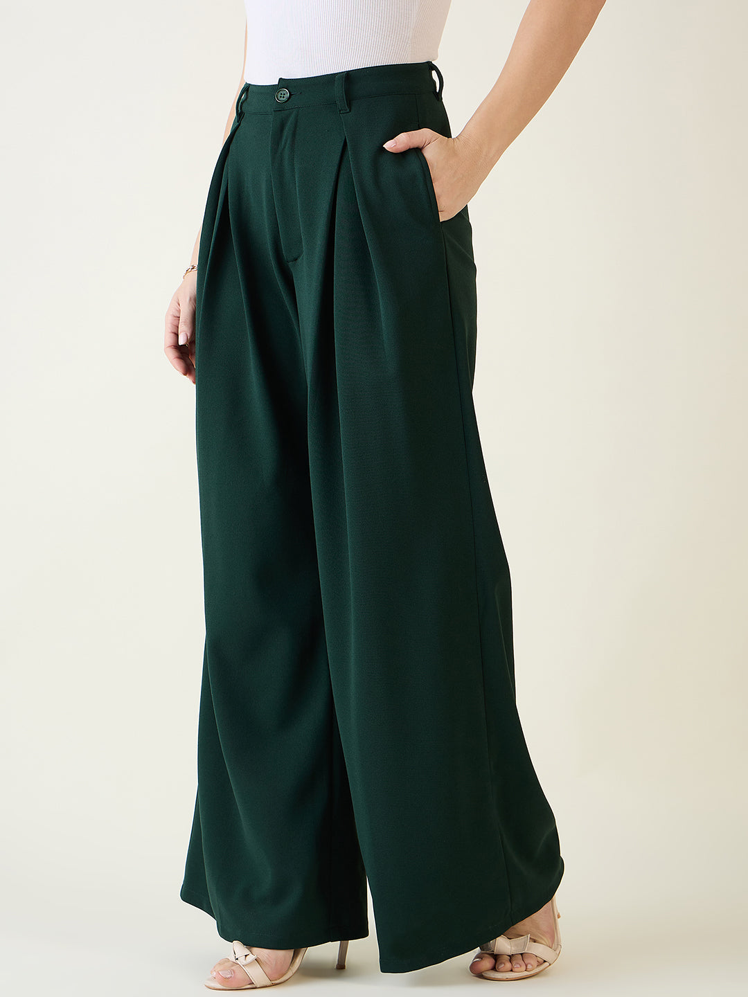 Pleated Front Palazzo Trousers with Button Waist