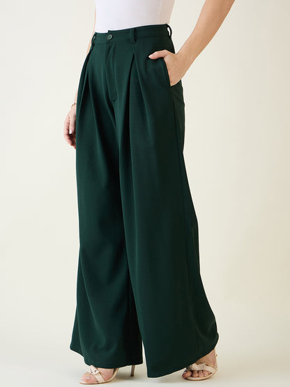 Pleated Front Palazzo Trousers with Button Waist