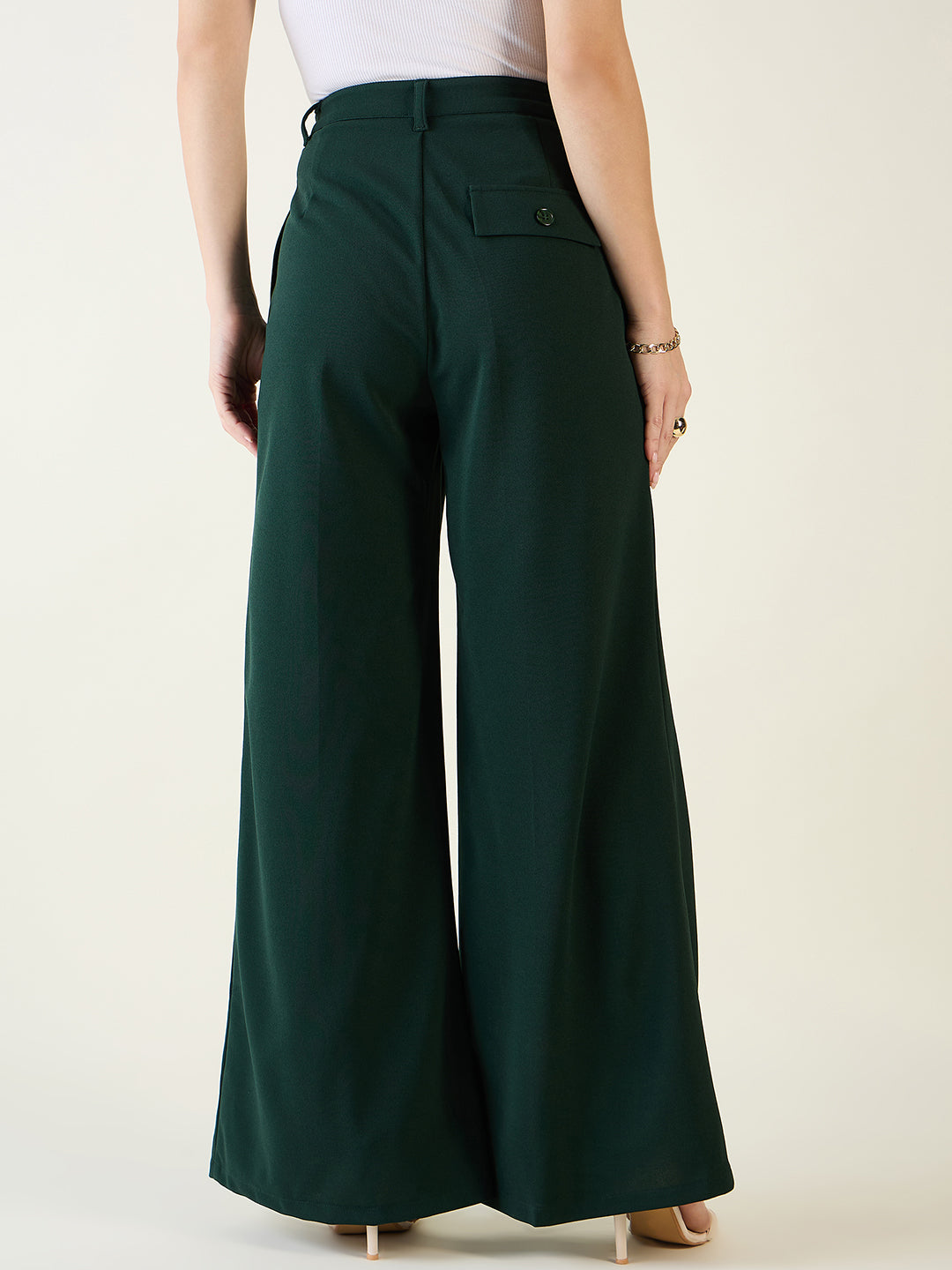 Pleated Front Palazzo Trousers with Button Waist