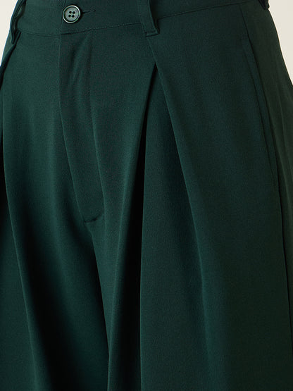 Pleated Front Palazzo Trousers with Button Waist