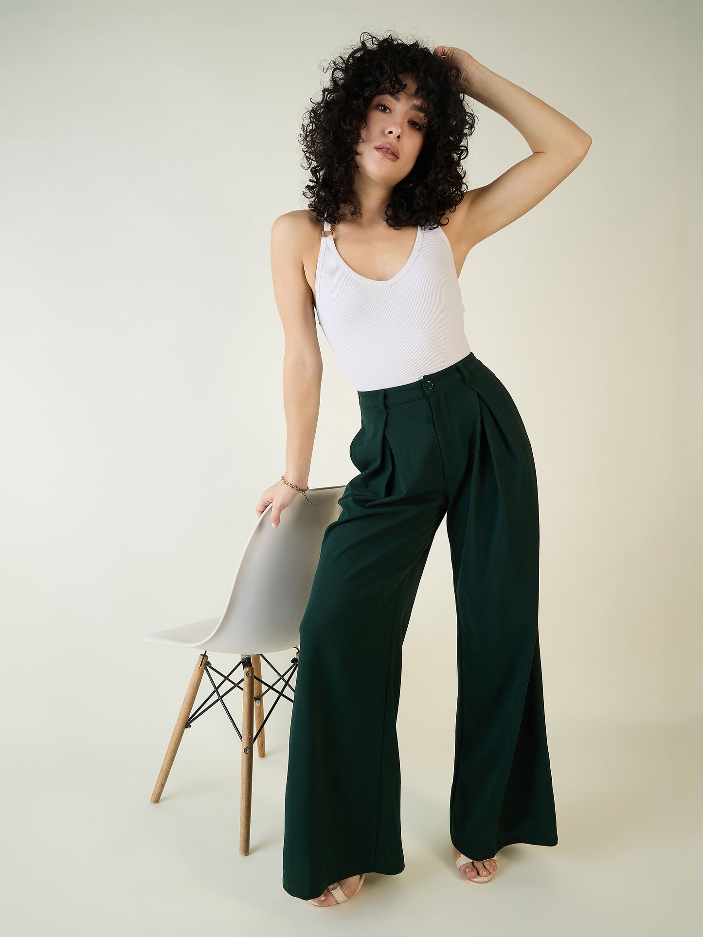 Pleated Front Palazzo Trousers with Button Waist