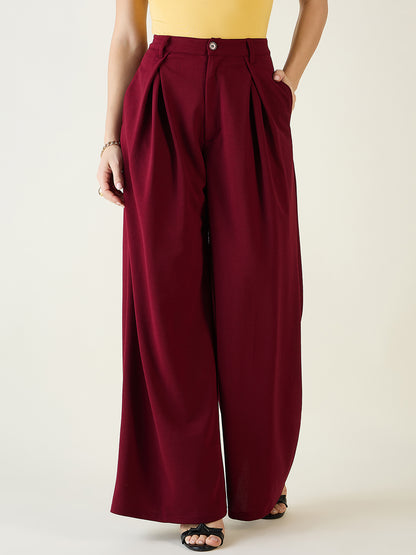 Pleated Front Palazzo Trousers with Button Waist