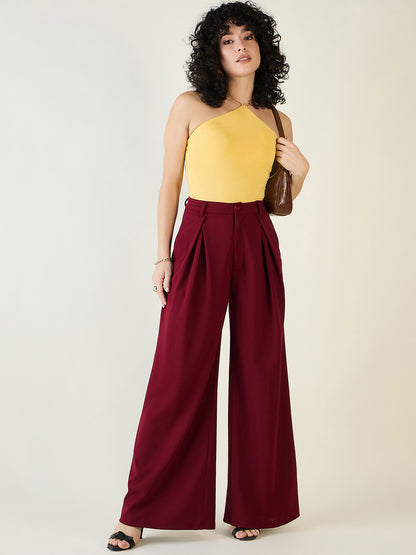 Pleated Front Palazzo Trousers with Button Waist