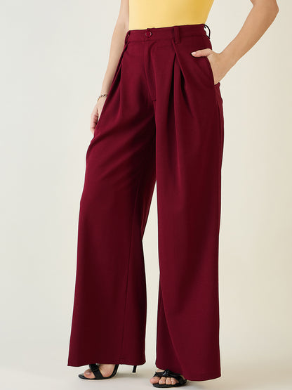 Pleated Front Palazzo Trousers with Button Waist