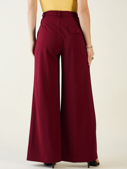 Pleated Front Palazzo Trousers with Button Waist