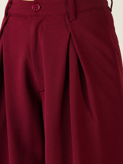 Pleated Front Palazzo Trousers with Button Waist