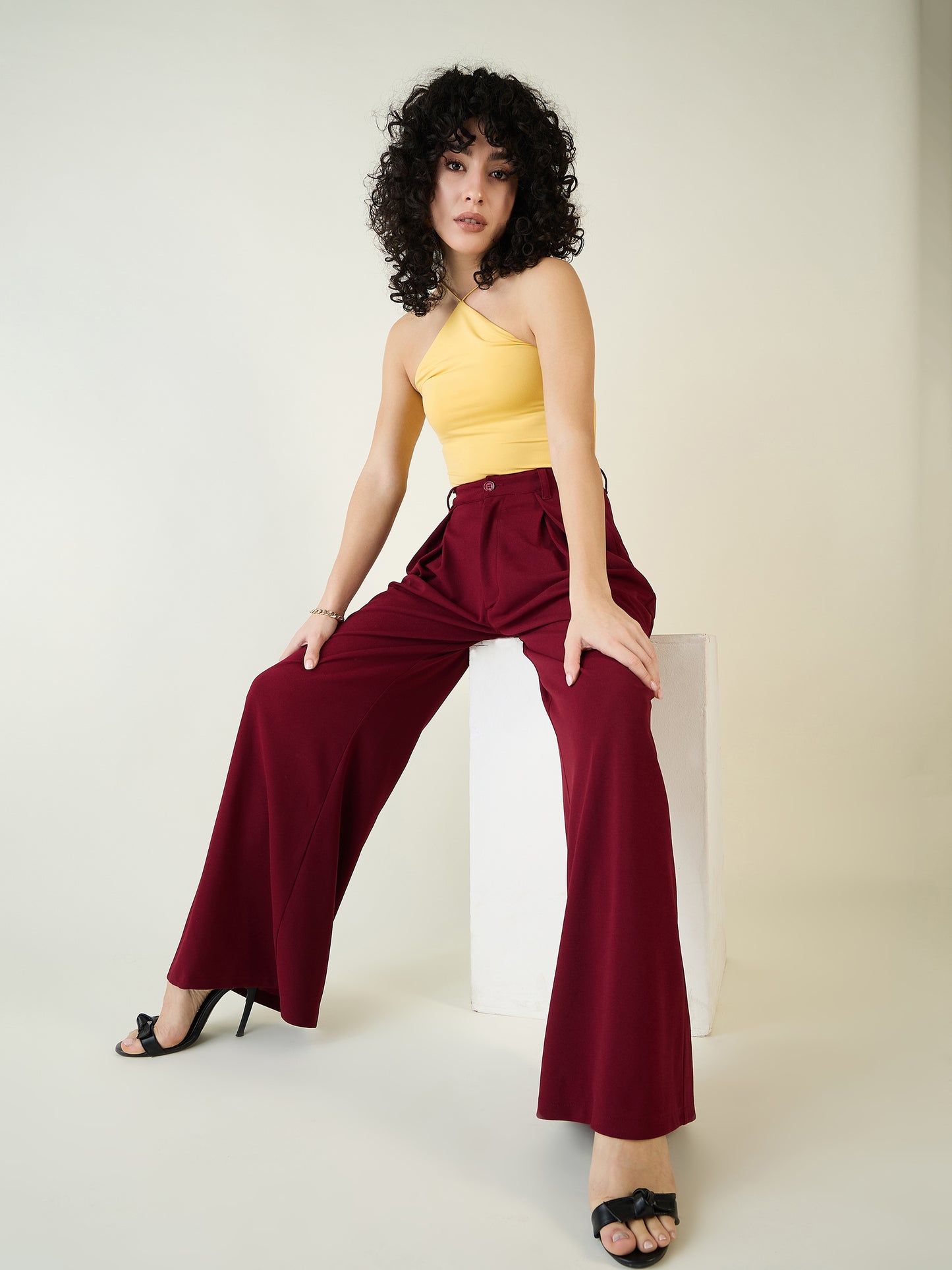 Pleated Front Palazzo Trousers with Button Waist