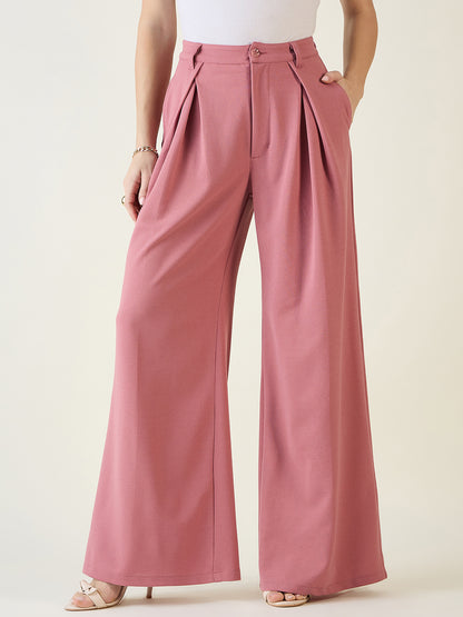 Pleated Front Palazzo Trousers with Button Waist