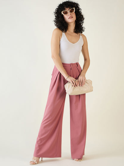 Pleated Front Palazzo Trousers with Button Waist