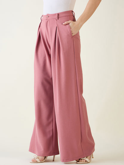 Pleated Front Palazzo Trousers with Button Waist