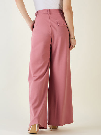 Pleated Front Palazzo Trousers with Button Waist