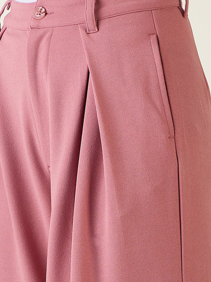 Pleated Front Palazzo Trousers with Button Waist