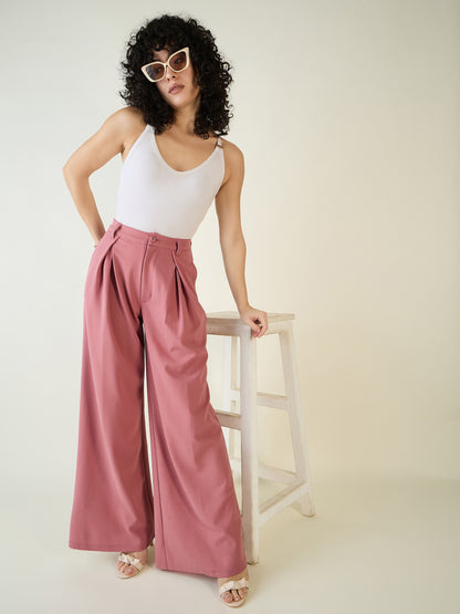 Pleated Front Palazzo Trousers with Button Waist