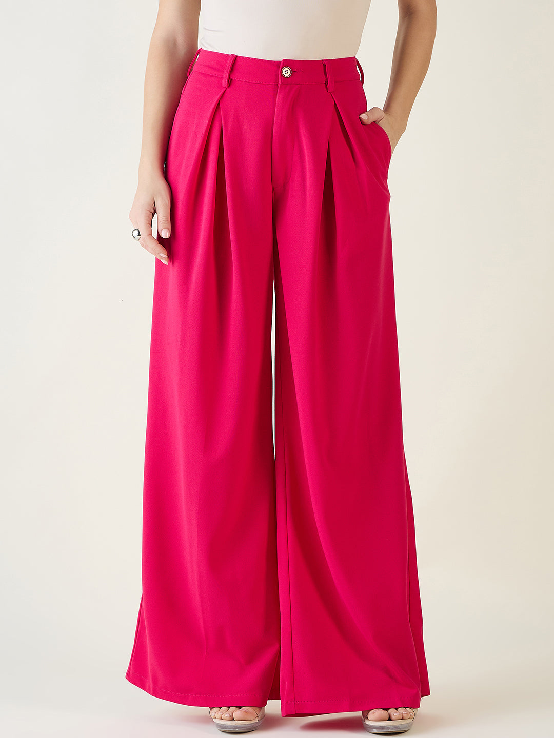 Pleated Front Palazzo Trousers with Button Waist