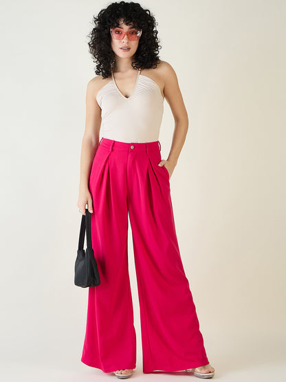 Pleated Front Palazzo Trousers with Button Waist