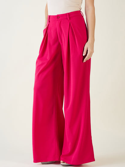 Pleated Front Palazzo Trousers with Button Waist