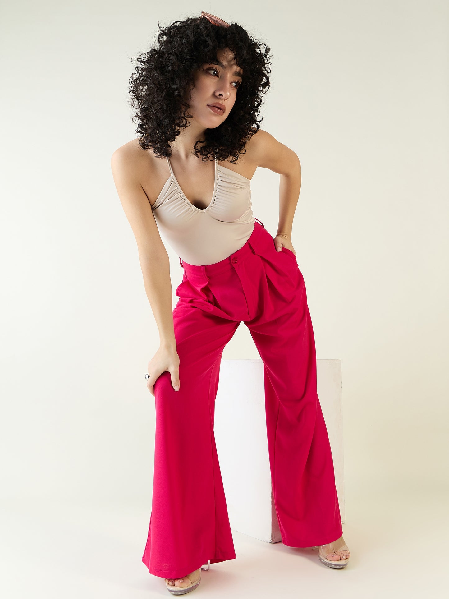 Pleated Front Palazzo Trousers with Button Waist