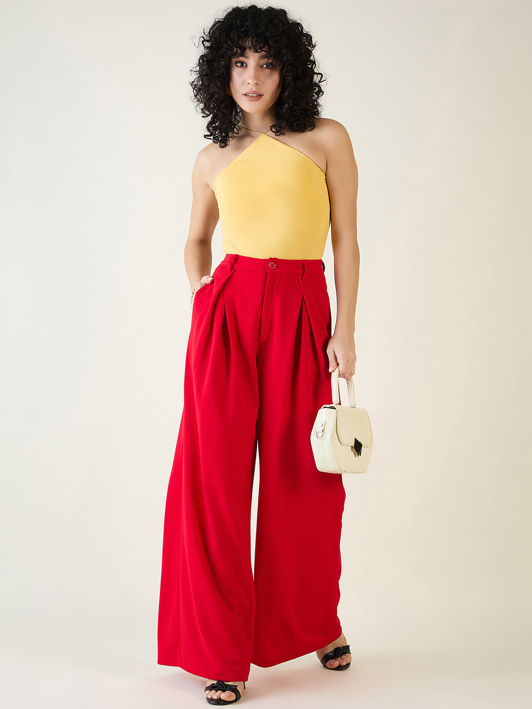 Pleated Front Palazzo Trousers with Button Waist