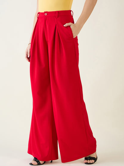 Pleated Front Palazzo Trousers with Button Waist