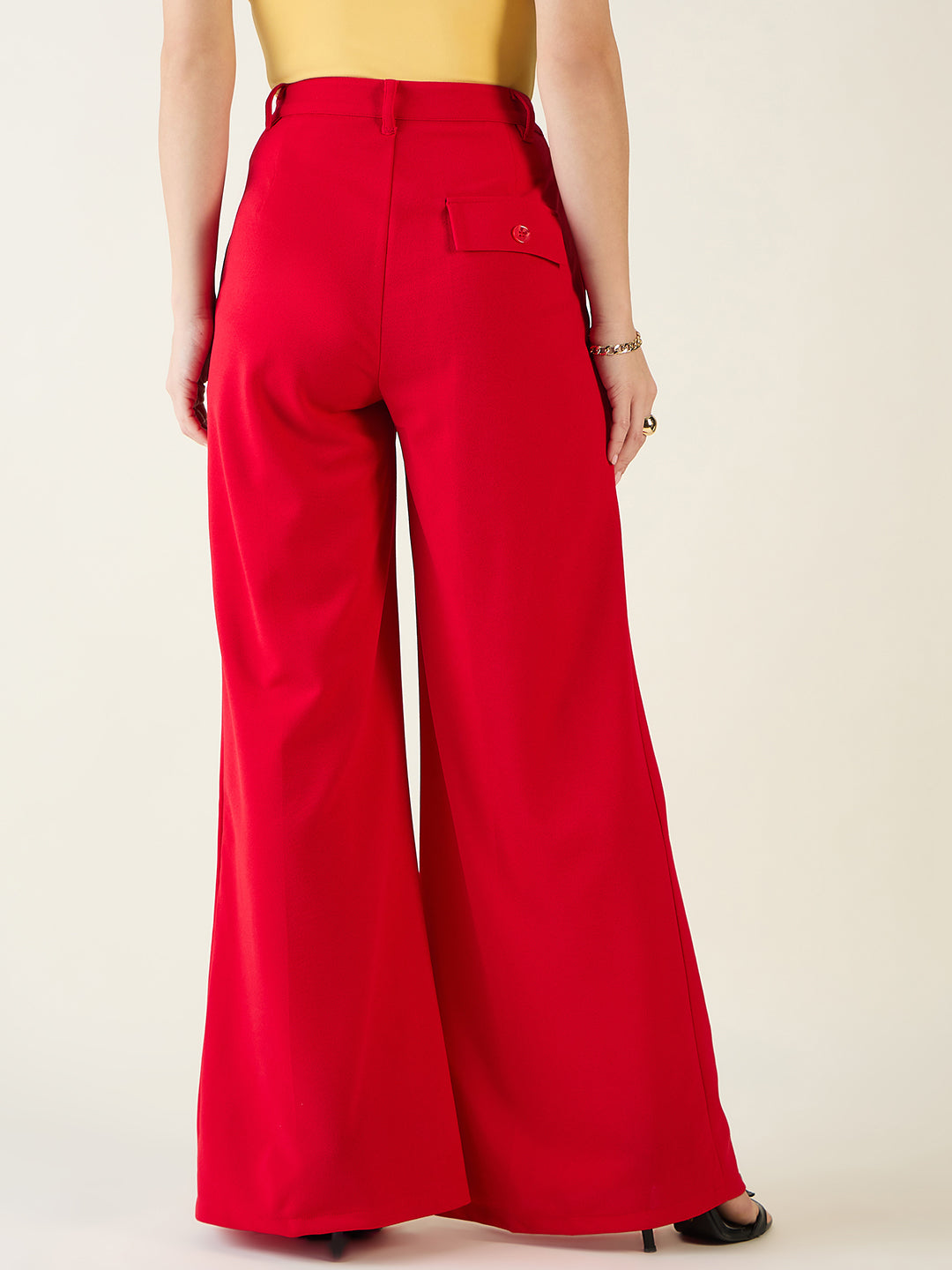 Pleated Front Palazzo Trousers with Button Waist