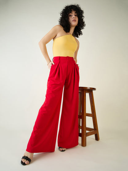Pleated Front Palazzo Trousers with Button Waist