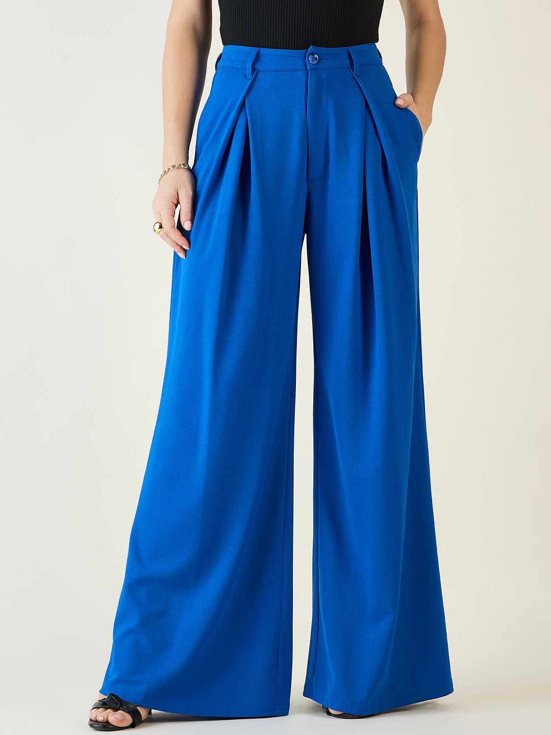 Pleated Front Palazzo Trousers with Button Waist