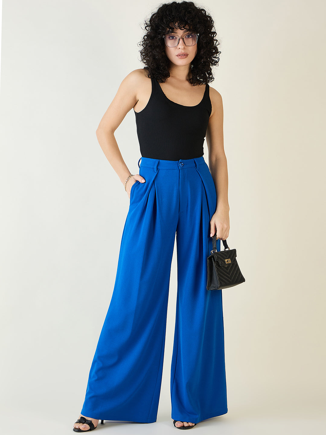 Pleated Front Palazzo Trousers with Button Waist
