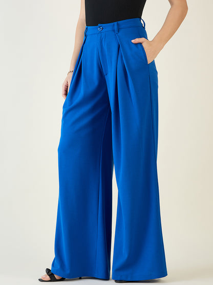 Pleated Front Palazzo Trousers with Button Waist