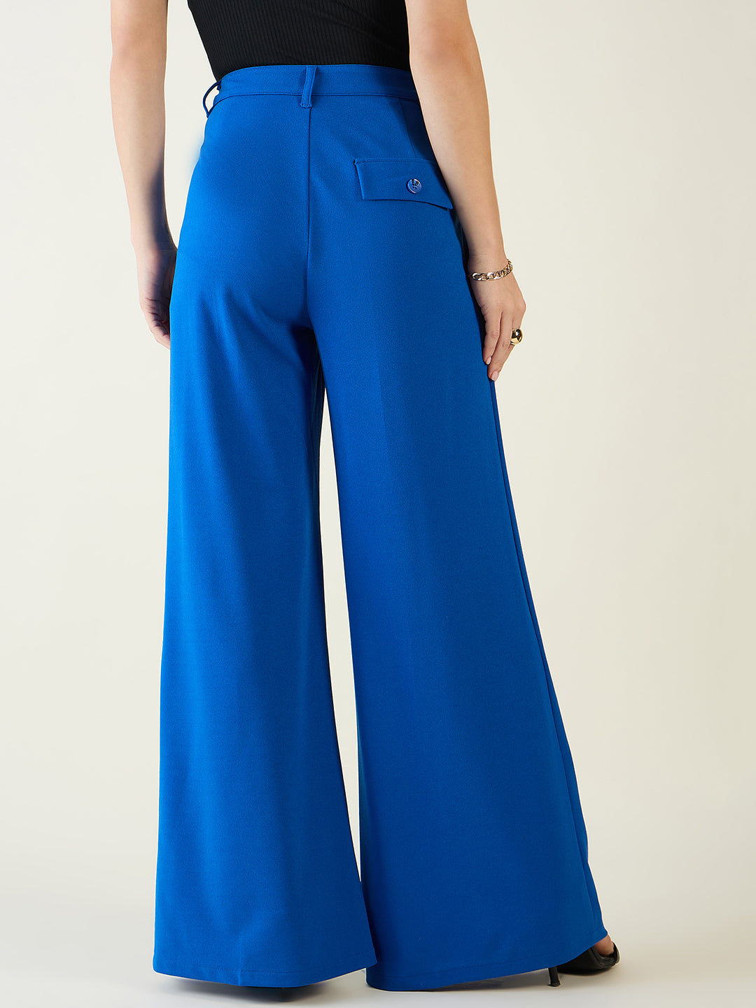 Pleated Front Palazzo Trousers with Button Waist