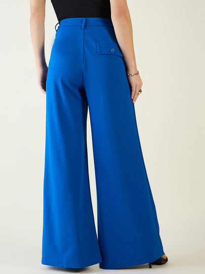 Pleated Front Palazzo Trousers with Button Waist