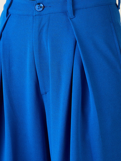 Pleated Front Palazzo Trousers with Button Waist