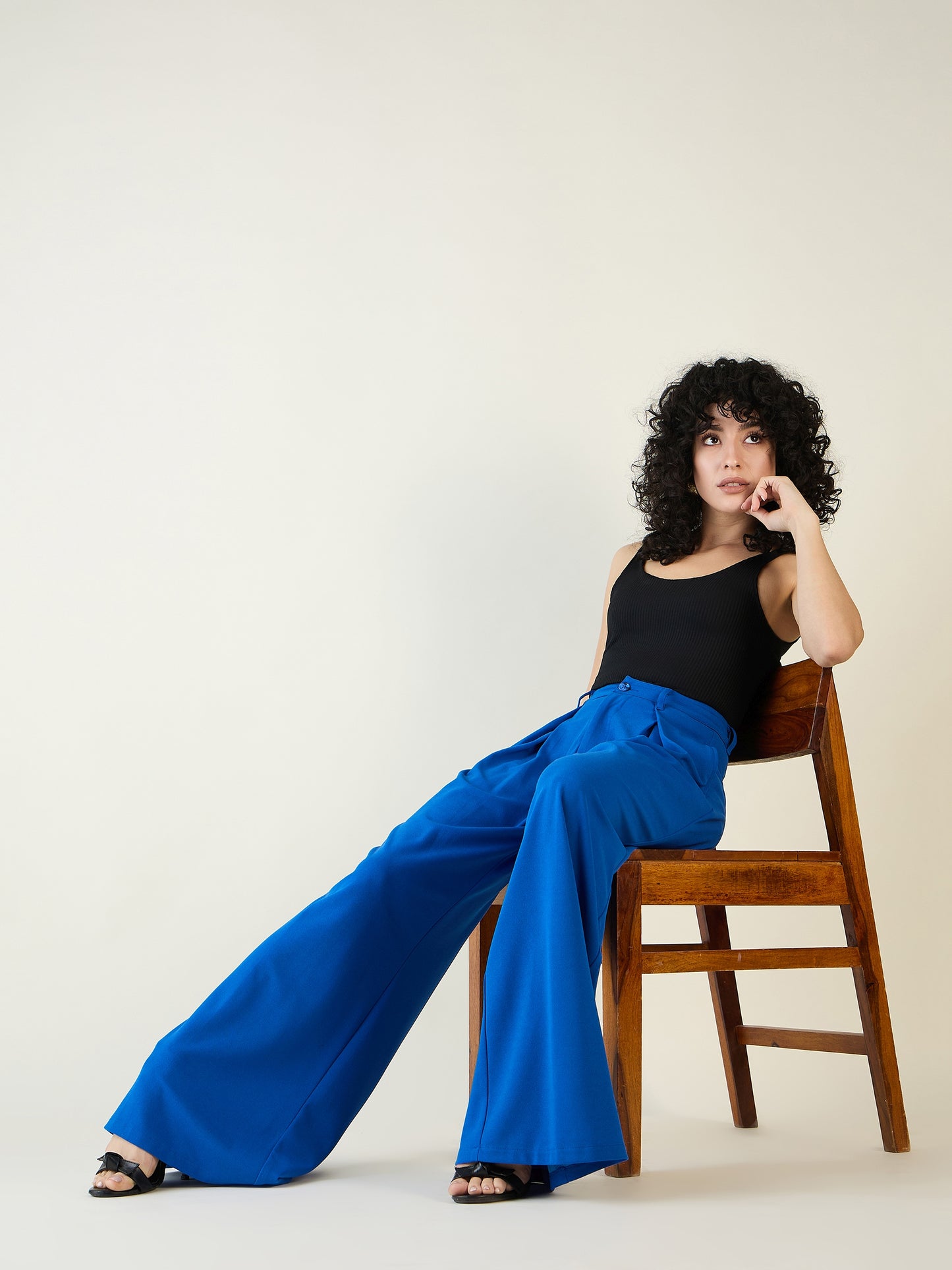 Pleated Front Palazzo Trousers with Button Waist