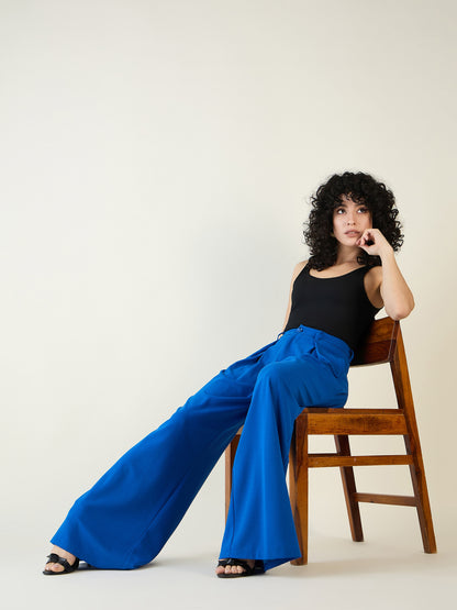 Pleated Front Palazzo Trousers with Button Waist