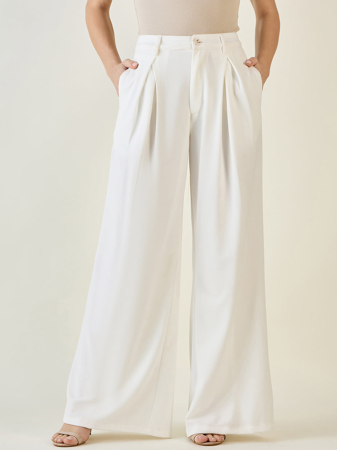 Pleated Front Palazzo Trousers with Button Waist