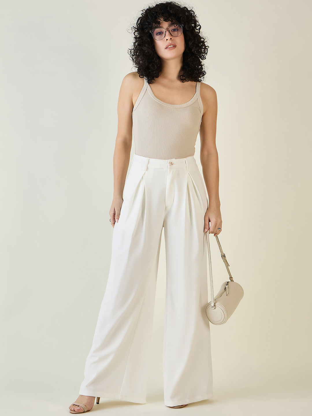 Pleated Front Palazzo Trousers with Button Waist