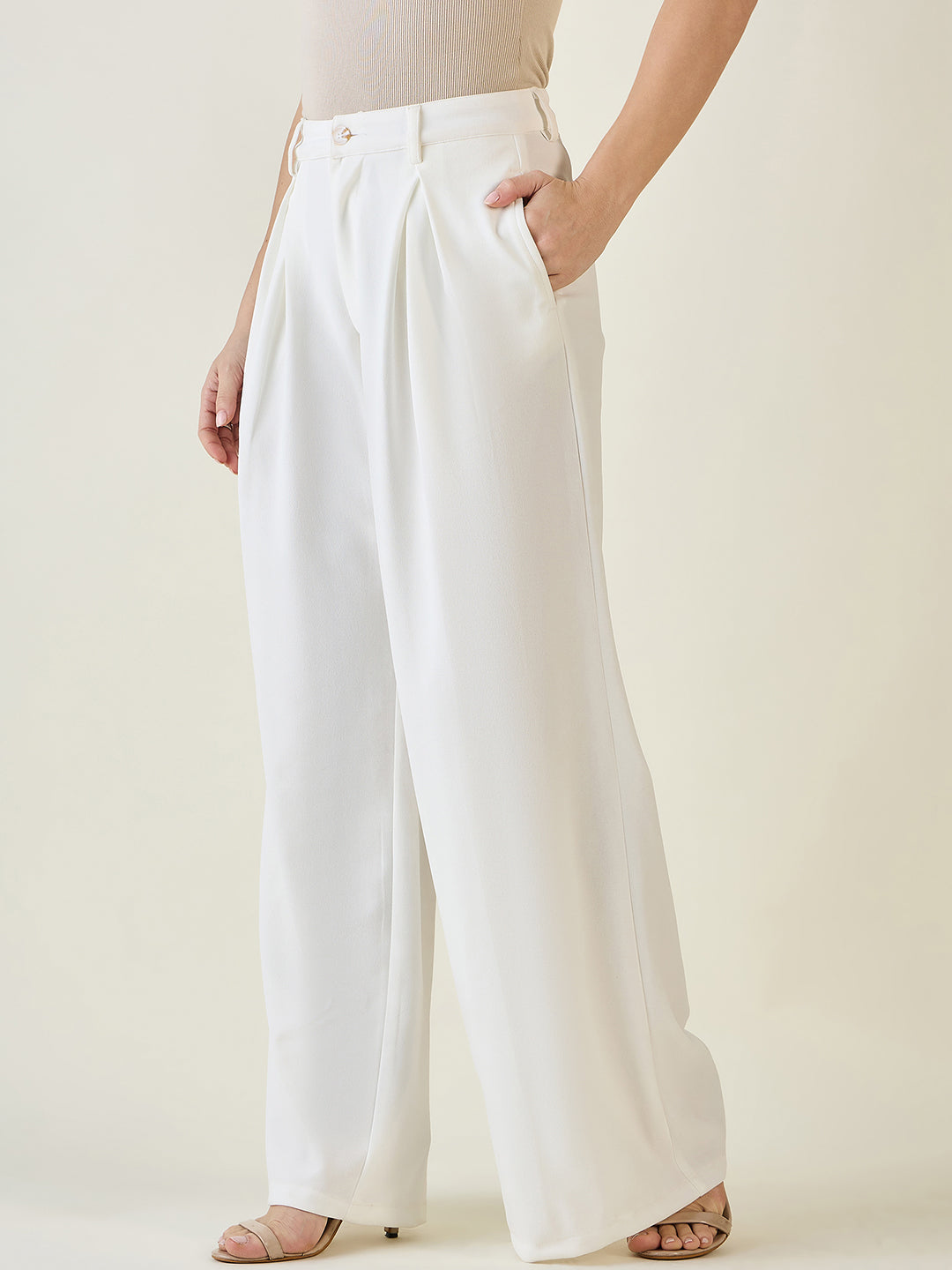 Pleated Front Palazzo Trousers with Button Waist