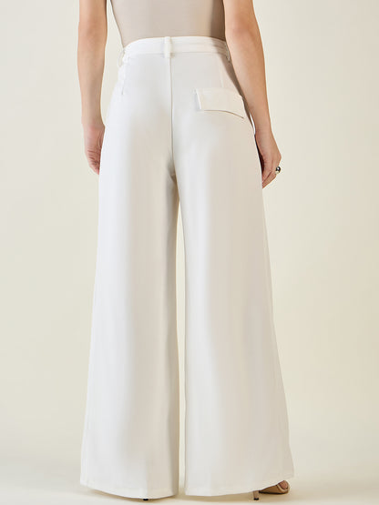 Pleated Front Palazzo Trousers with Button Waist