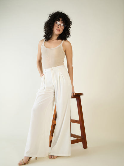 Pleated Front Palazzo Trousers with Button Waist