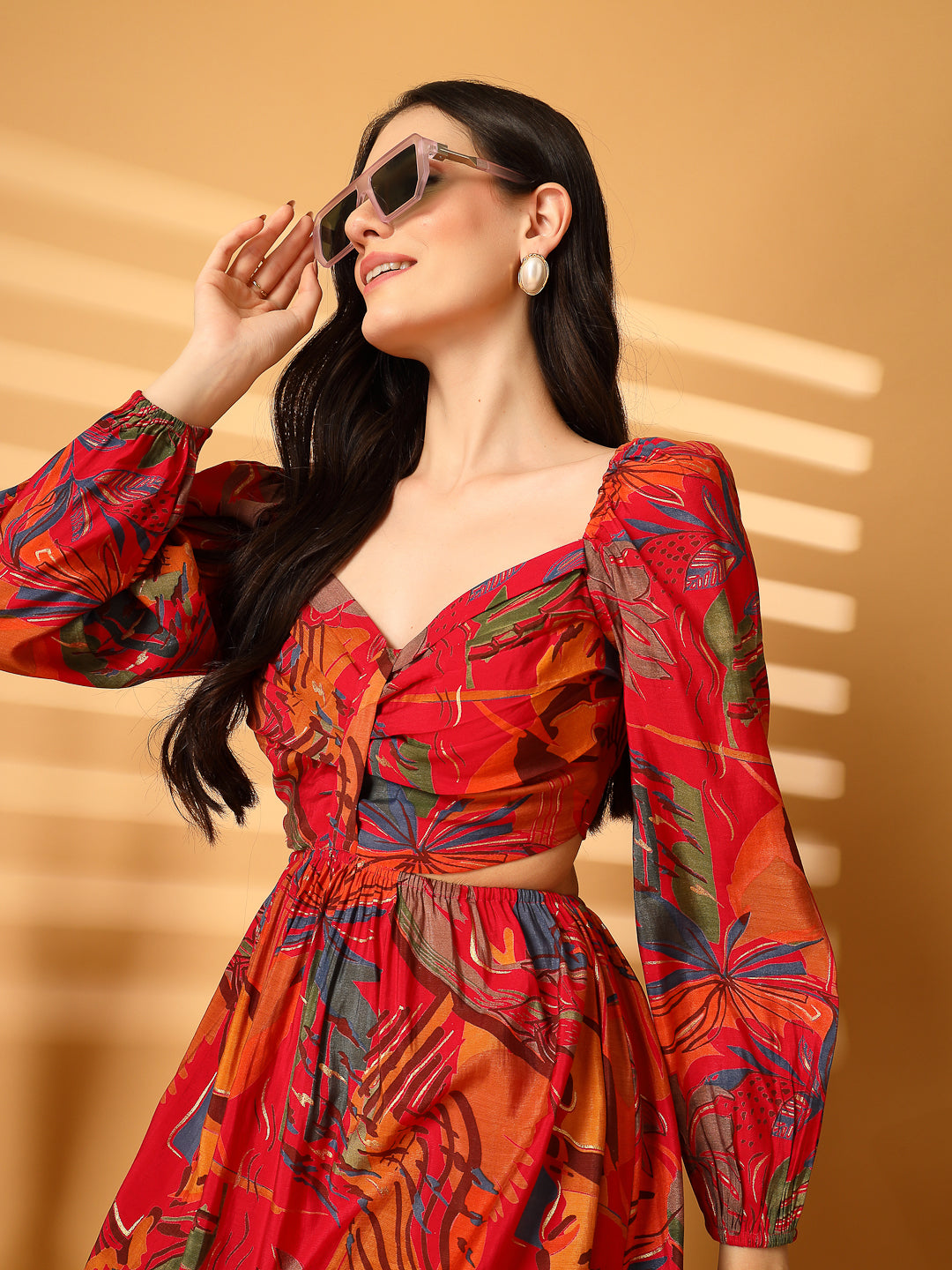 Printed Backless Mini Dress with Puff Sleeves