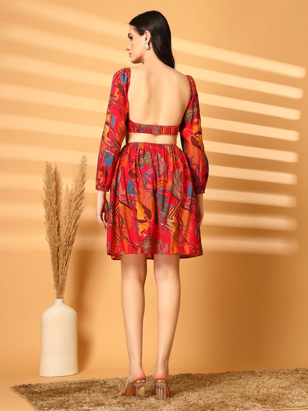 Printed Backless Mini Dress with Puff Sleeves