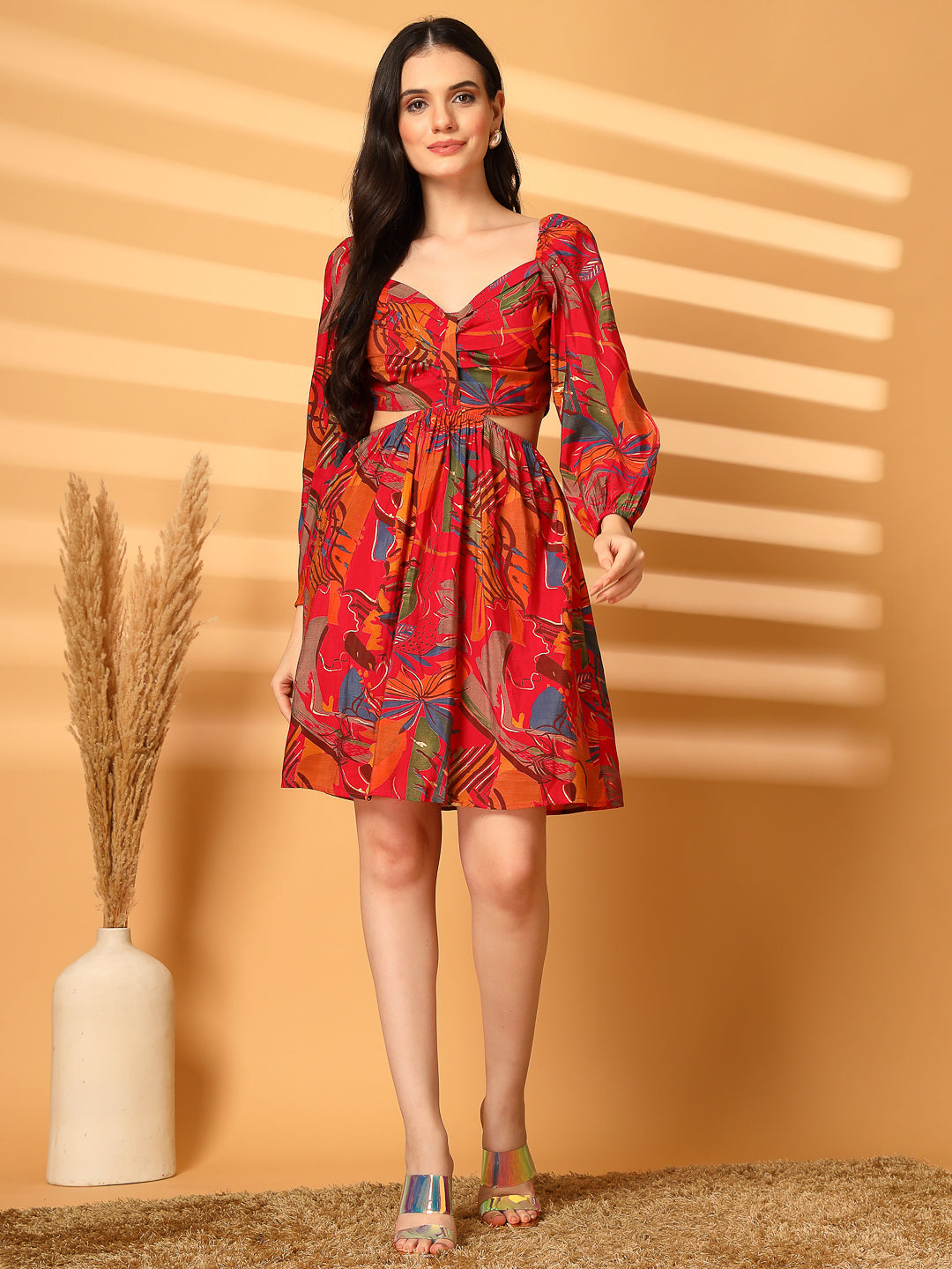 Printed Backless Mini Dress with Puff Sleeves