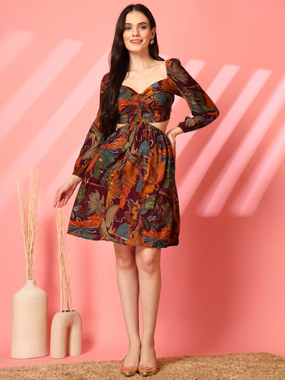 Printed Backless Mini Dress with Puff Sleeves