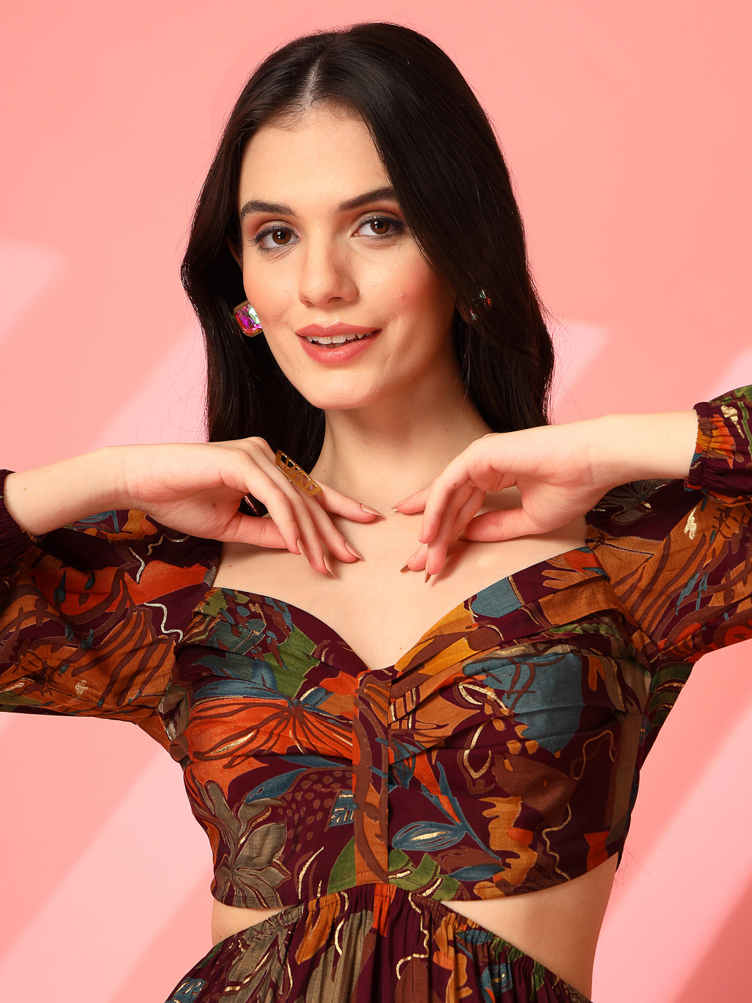 Printed Backless Mini Dress with Puff Sleeves