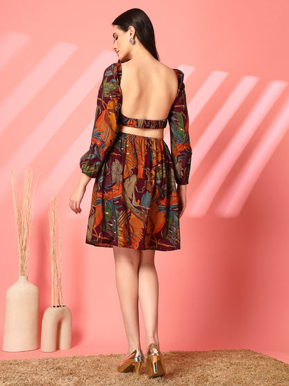 Printed Backless Mini Dress with Puff Sleeves