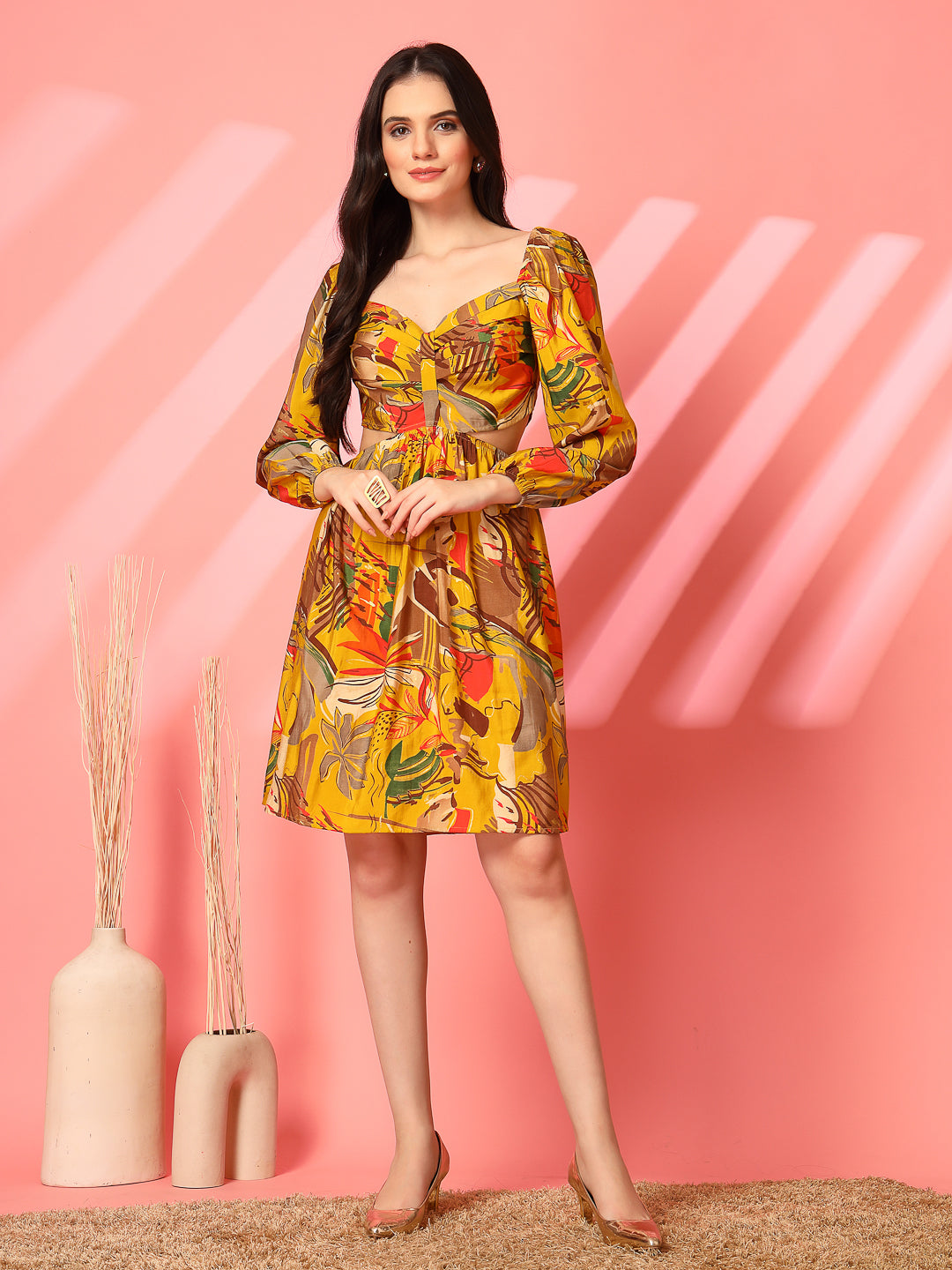 Printed Backless Mini Dress with Puff Sleeves