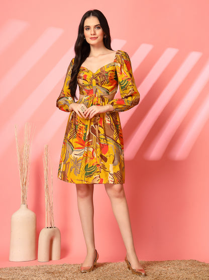 Printed Backless Mini Dress with Puff Sleeves