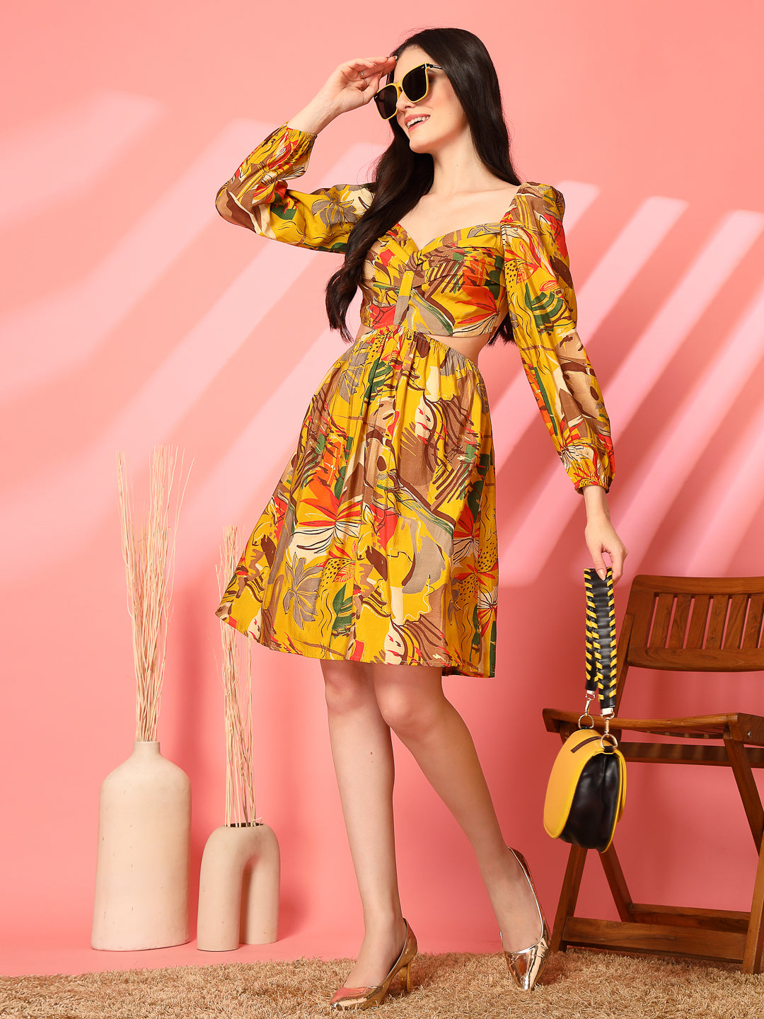 Printed Backless Mini Dress with Puff Sleeves
