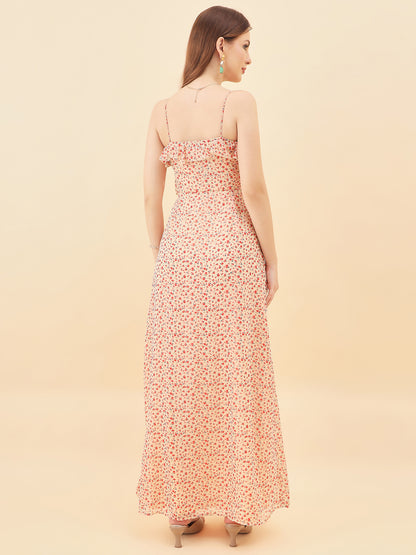 Woman wearing a floral dress against a beige background