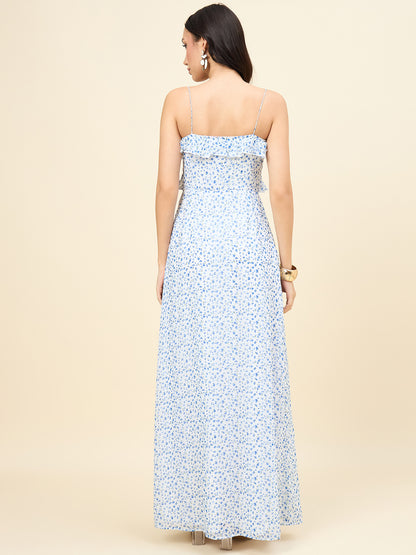 Woman wearing a strapless floral dress on a beige background